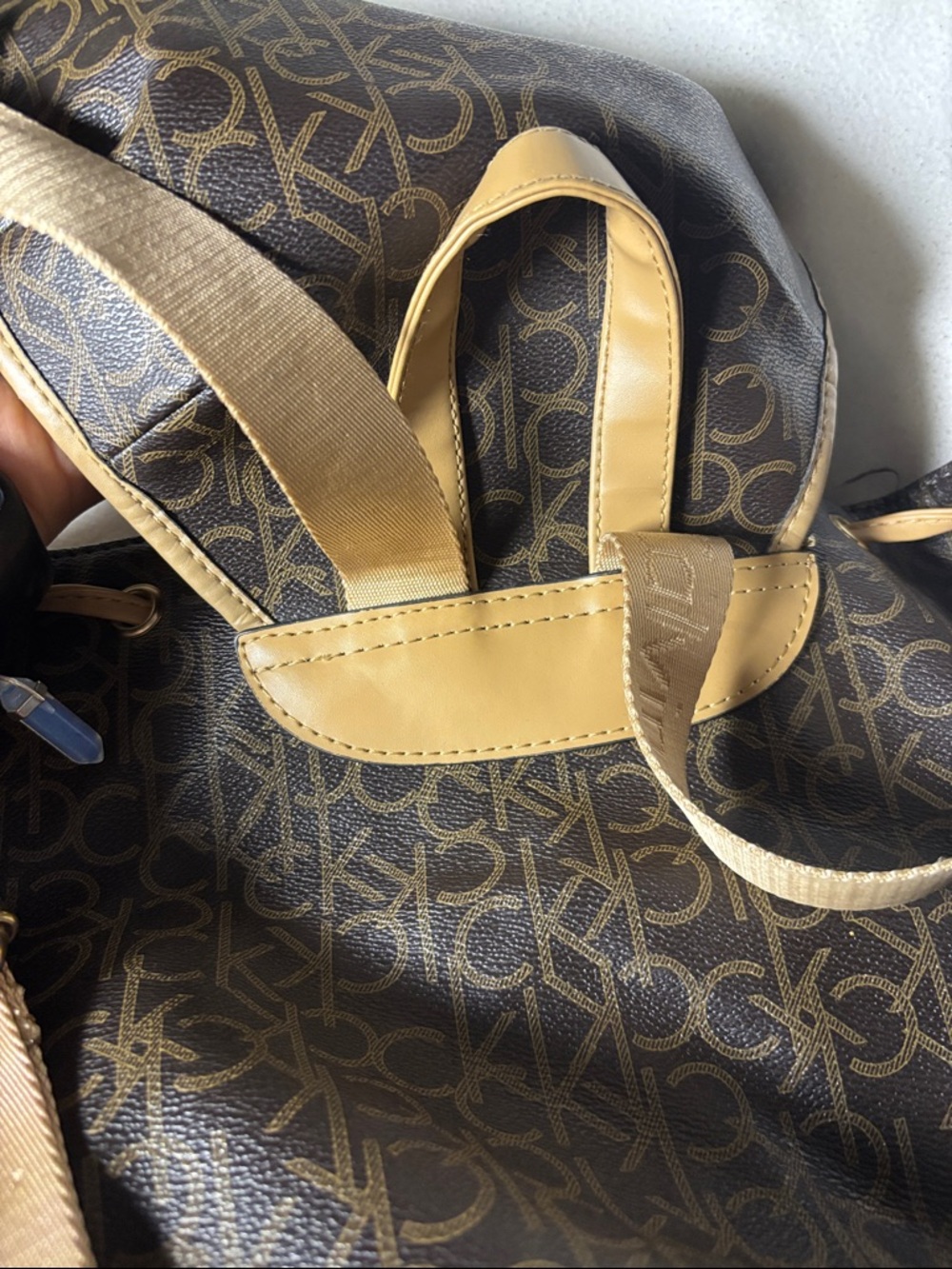 Calvin Klein Brown Monogram Backpack with Tan Trim missing Klein logo - Picture 11 of 12